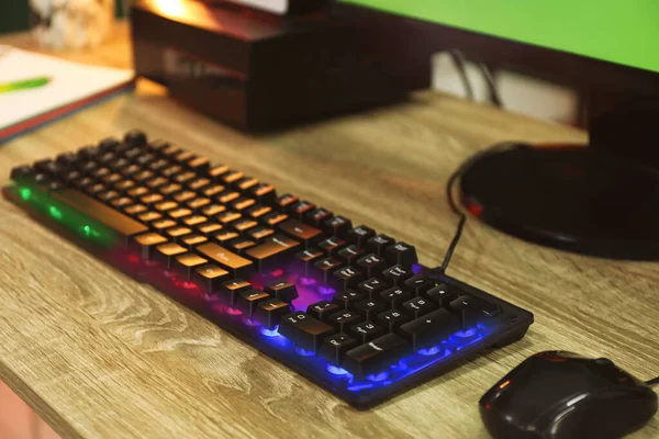 Modern Rgb Keyboard Mouse Wooden Table Indoors Closeup — Stock Photo, Image