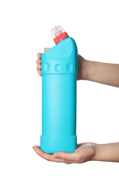 Vrouw Met Fles Vloeistof Toilet Cleaner Witte Achtergrond Close — Stockfoto