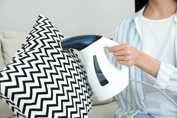 Woman Steaming Pillow Home Closeup View — Fotografia de Stock