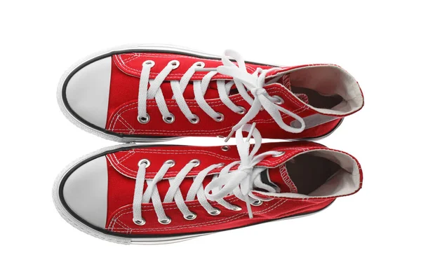 Bir Çift Şık Spor Ayakkabısı Beyaz Üst Görünümde Izole — Stok fotoğraf