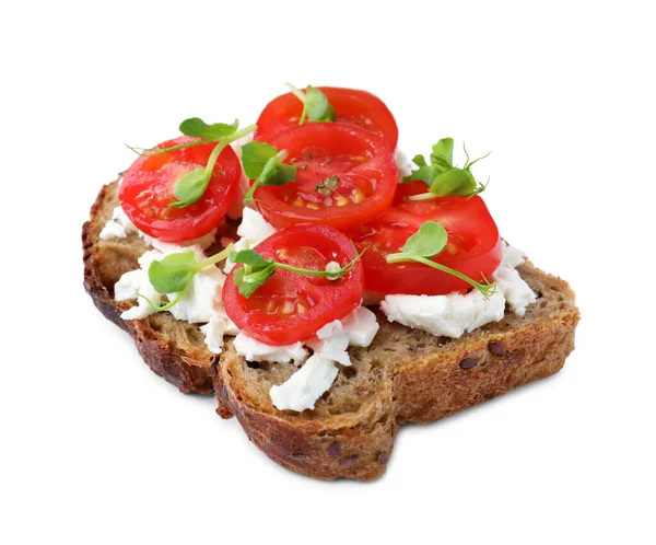 Delicious Sandwich Cherry Tomatoes Microgreens Cheese White Background — Stock Photo, Image