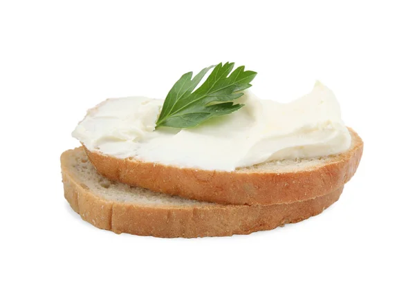 Brood Met Roomkaas Peterselie Witte Ondergrond — Stockfoto
