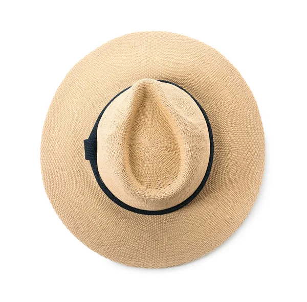 Stylish Straw Hat Isolated White Top View — Stock Photo, Image