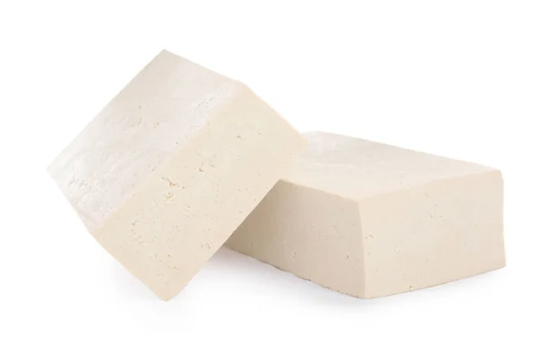 Bloques Delicioso Tofu Crudo Sobre Fondo Blanco — Foto de Stock