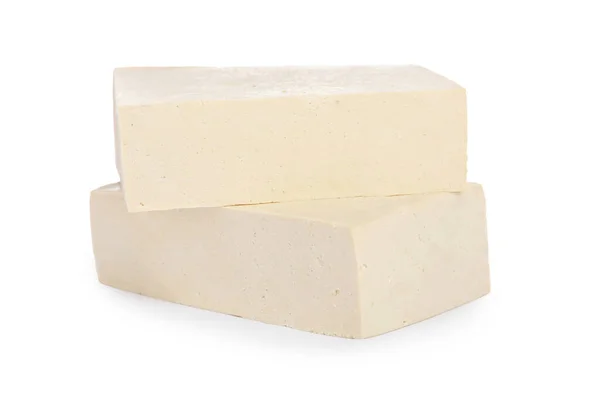 Bloques Delicioso Tofu Crudo Sobre Fondo Blanco — Foto de Stock