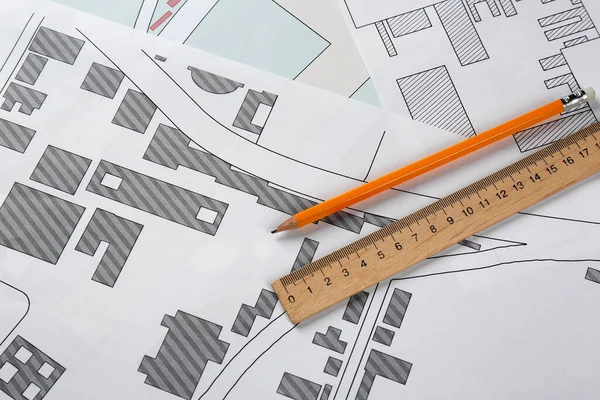 Pencil Ruler Cadastral Maps Territory Buildings Flat Lay — Fotografia de Stock