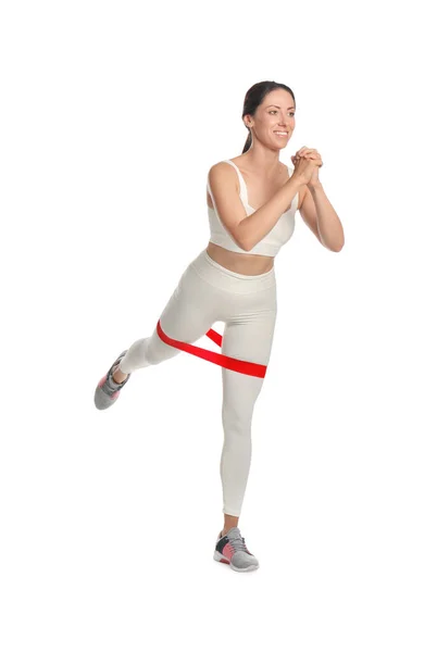Γυναίκα Κάνει Σπορ Άσκηση Ελαστικό Ιμάντα Γυμναστικής Λευκό Φόντο — Φωτογραφία Αρχείου