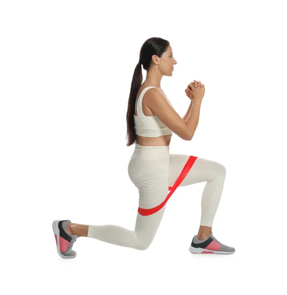 Vrouw Doet Lunges Met Fitness Elastische Band Witte Achtergrond — Stockfoto