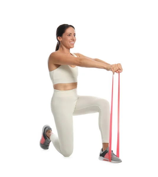 Woman Doing Sportive Exercise Fitness Elastic Band White Background — Stock Photo, Image