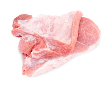 Çiğ et parçaları beyaza izole edilmiş, üst manzara