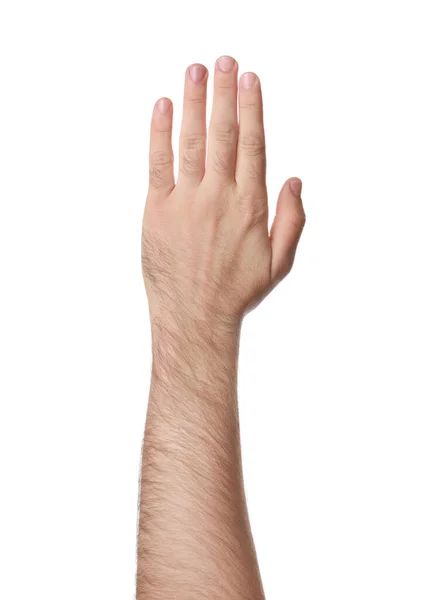 Mann Vor Weißem Hintergrund Nahaufnahme Der Hand — Stockfoto