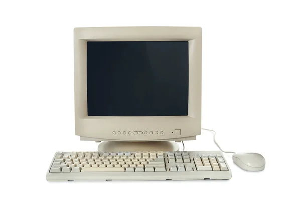 Antiguo Monitor Ordenador Teclado Ratón Sobre Fondo Blanco — Foto de Stock