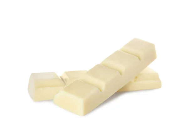 Kawałki Smacznej Słodkiej Czekolady Wyizolowane Białym — Zdjęcie stockowe
