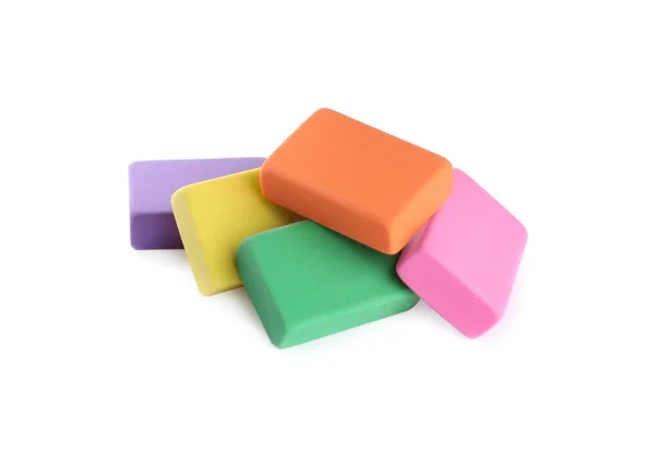 Pile Bright Erasers White Background — Stock Photo, Image