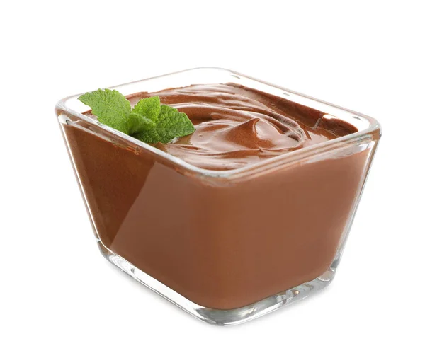 Чаша Вкусного Шоколадного Крема Мятой Изолированной Белом — стоковое фото