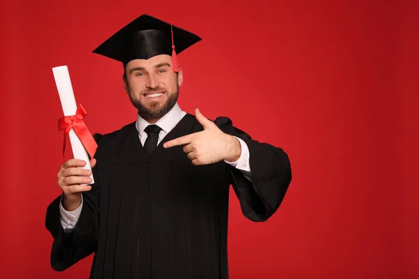 Happy Student Graduation Hat Diploma Red Background Space Text — Stock Photo, Image