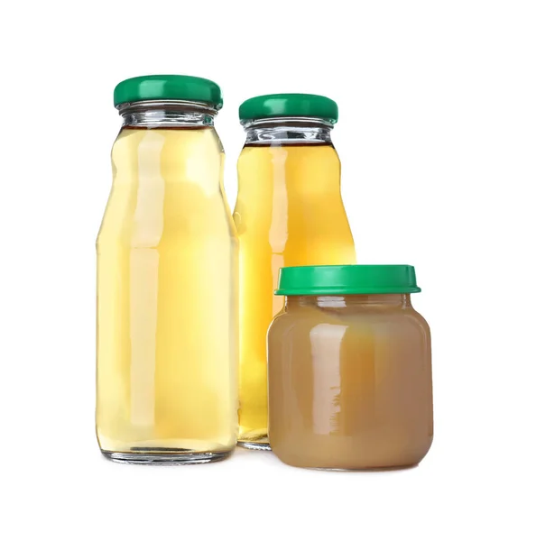 Baby Food Jar Bottles Juice White Background — Stock Photo, Image