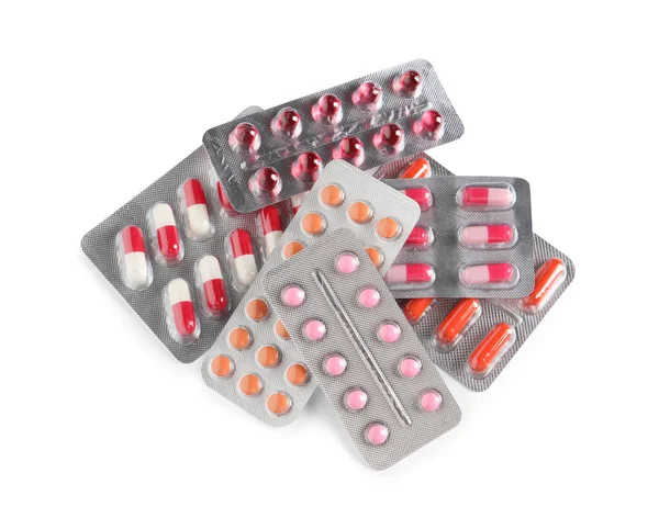 Blister Mit Verschiedenen Pillen Auf Weißem Hintergrund Draufsicht — Stockfoto