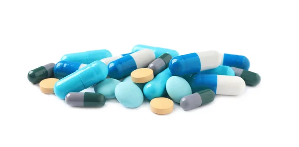 Hromada Různých Barevných Pilulek Izolovaných Bílém — Stock fotografie