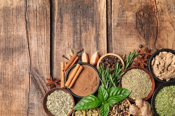 Flat Lay Composition Different Natural Spices Herbs Wooden Table Space — Stock Photo, Image