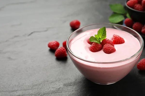Delicious Raspberry Mousse Mint Black Table Space Text — Stock Photo, Image