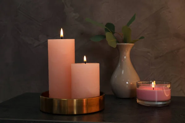 Scented Candles Vase Eucalyptus Branch Table Dark Room — Stock Photo, Image