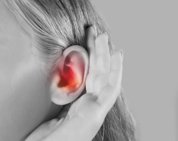 Woman Suffering Earache Closeup Black White Tone — Foto de Stock