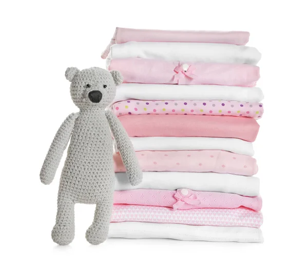 Stack Clean Girl Clothes Toy Bear White Background —  Fotos de Stock