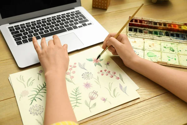 Woman drawing picture at online art lesson, closeup. Distant learning