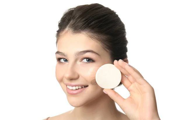 Beautiful Girl Sponge White Background Using Concealer Foundation Face Contouring —  Fotos de Stock