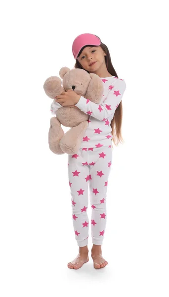 Cute Girl Wearing Pajamas Sleeping Mask Teddy Bear White Background — Stock Photo, Image