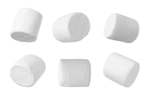 Set Med Läckra Söta Puffy Marshmallows Vit Bakgrund — Stockfoto