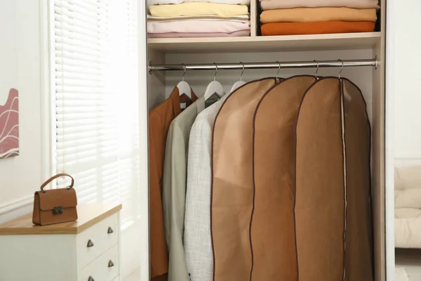 Garment Bags Clothes Rack Wardrobe Indoors — Stok fotoğraf