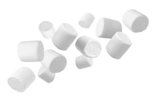 Heerlijke Zoete Gezwollen Marshmallows Vliegen Witte Achtergrond — Stockfoto