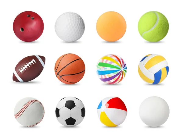 白い背景に異なるボールで設定します スポーツ用具 — ストック写真