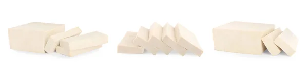 Zestaw Smacznym Tofu Surowego Białym Tle Projekt Banera — Zdjęcie stockowe