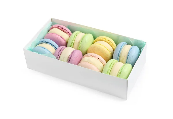 Many Delicious Colorful Macarons Box White Background — Stock Photo, Image