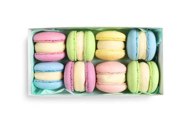 Muchos Deliciosos Macarons Coloridos Caja Sobre Fondo Blanco Vista Superior — Foto de Stock