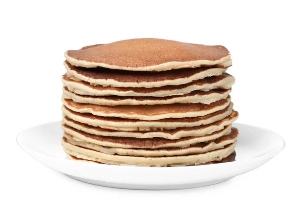 Stapel Von Heißen Leckeren Pfannkuchen Auf Weißem Hintergrund — Stockfoto