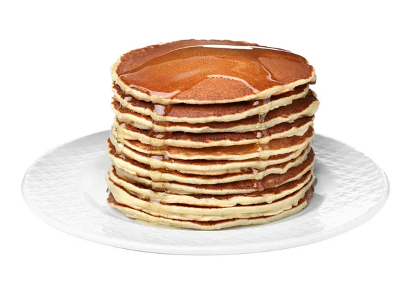 Stack Välsmakande Pannkakor Med Honung Vit Bakgrund — Stockfoto