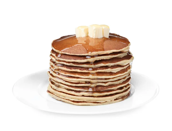 Stapel Leckerer Pfannkuchen Mit Butter Und Honig Auf Weißem Hintergrund — Stockfoto