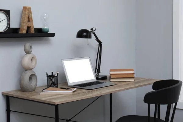 Comfortable Workplace Modern Laptop Light Grey Wall Indoors — Stock Photo, Image