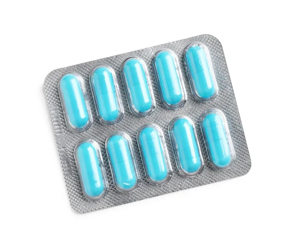 Blister Bright Pills Isolated White Top View — Stock Photo, Image