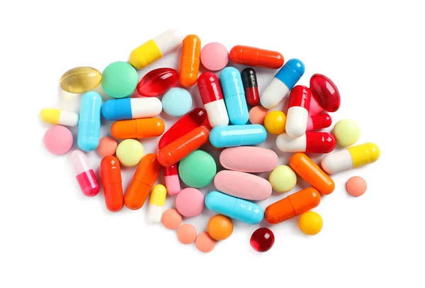Pile Különböző Színes Tabletták Fehér Háttér Fenti Nézet — Stock Fotó