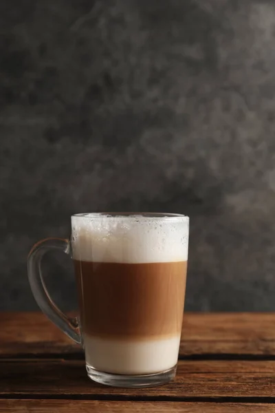 Glass Cup Delicious Layered Coffee Wooden Table Grey Background Space — Stock Photo, Image