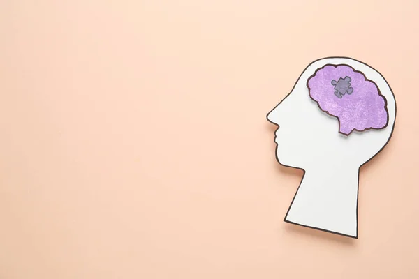 Top View Human Head Cutout Brain Beige Background Space Text — Foto Stock