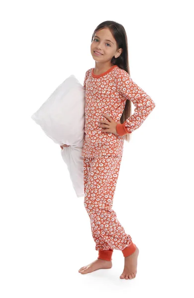 Linda Chica Usando Pijamas Con Almohada Sobre Fondo Blanco —  Fotos de Stock