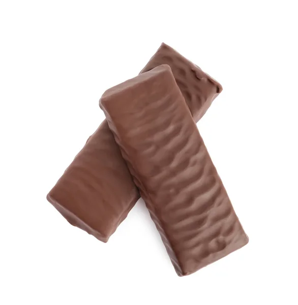 Gustose Barrette Proteiche Glassate Cioccolato Sfondo Bianco Vista Dall Alto — Foto Stock