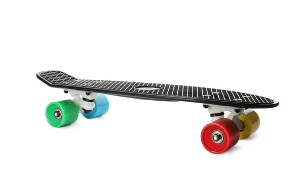 Skateboard Nero Con Ruote Colorate Isolate Bianco Attrezzature Sportive — Foto Stock