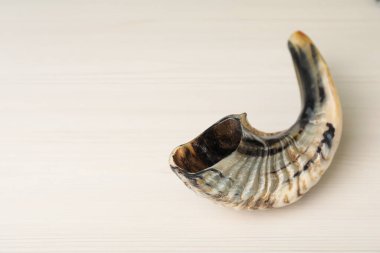 Beyaz ahşap masada Shofar, yazı için yer var. Rosh Hashanah bayram niteliği